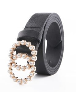 Women PU Leather Belts with Pearl Studded Double O Ring Buckle for Pants Dress