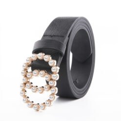 Women PU Leather Belts with Pearl Studded Double O Ring Buckle for Pants Dress