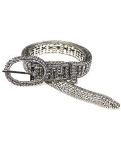 Women Silver Copper Trim Clear Rhinestone Cup Chain Belt