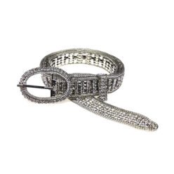 Women Silver Copper Trim Clear Rhinestone Cup Chain Belt